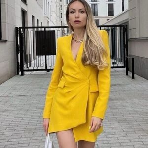 Zara Limited Edition Yellow Draped Blazer Dress Gold Bloggers Favorite Medium